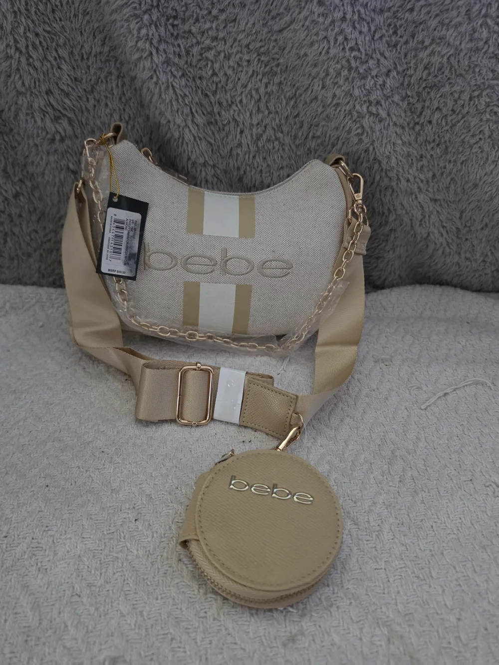 bebe Paisley Canvas Crossbody Bag with Coin Purse in the Almond